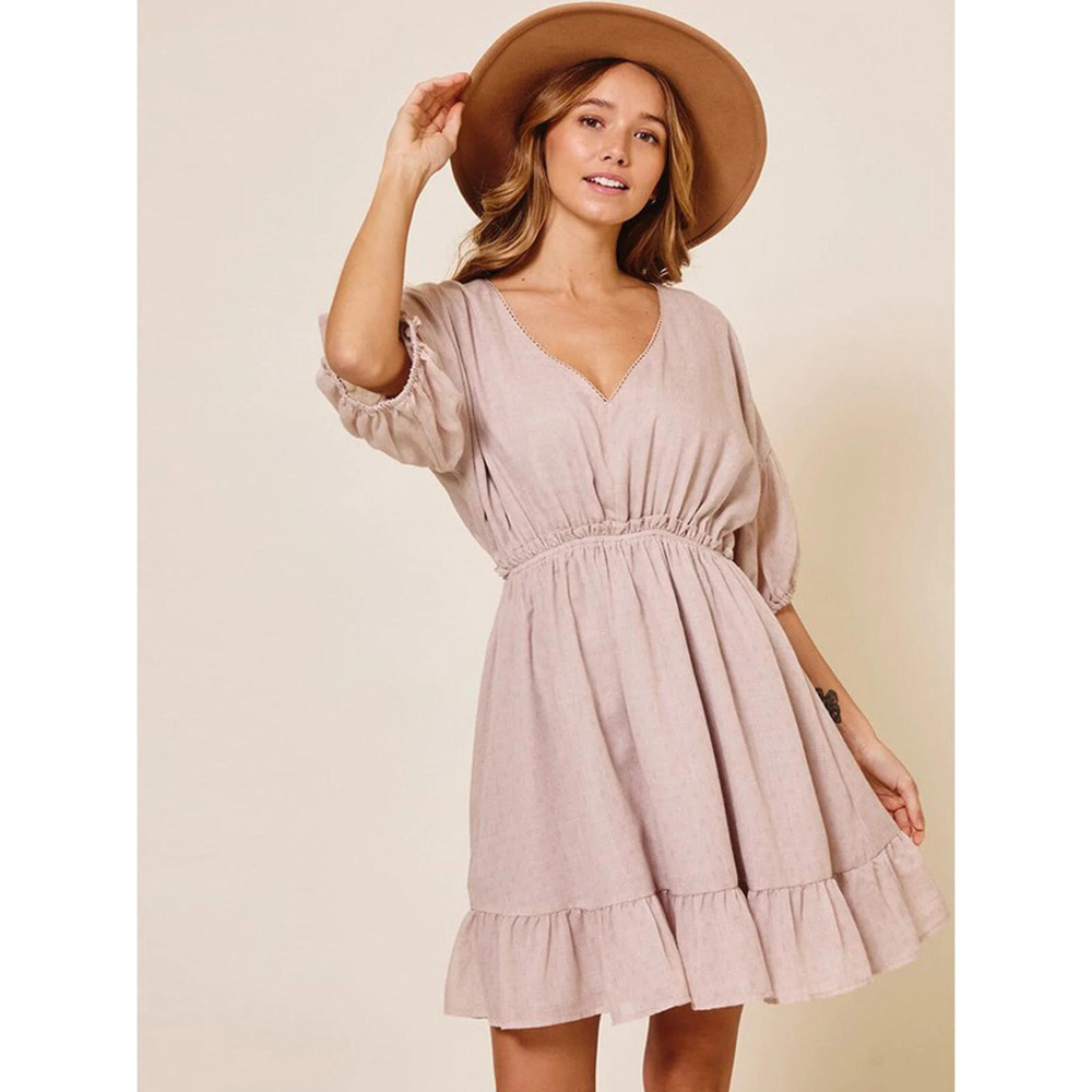 Taupe Short Sleeve V-Neck Elastic Waist Mini Dress